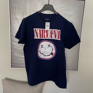 NIRVANA Smiley Face Blue Graphic Tee grunge 90s alternative NEW NWT LARGE Mens